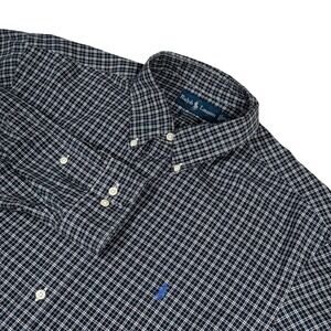 Ralph Lauren Mens Button Down Shirt Blue Black Plaid Checkered Long Sleeve XL‎